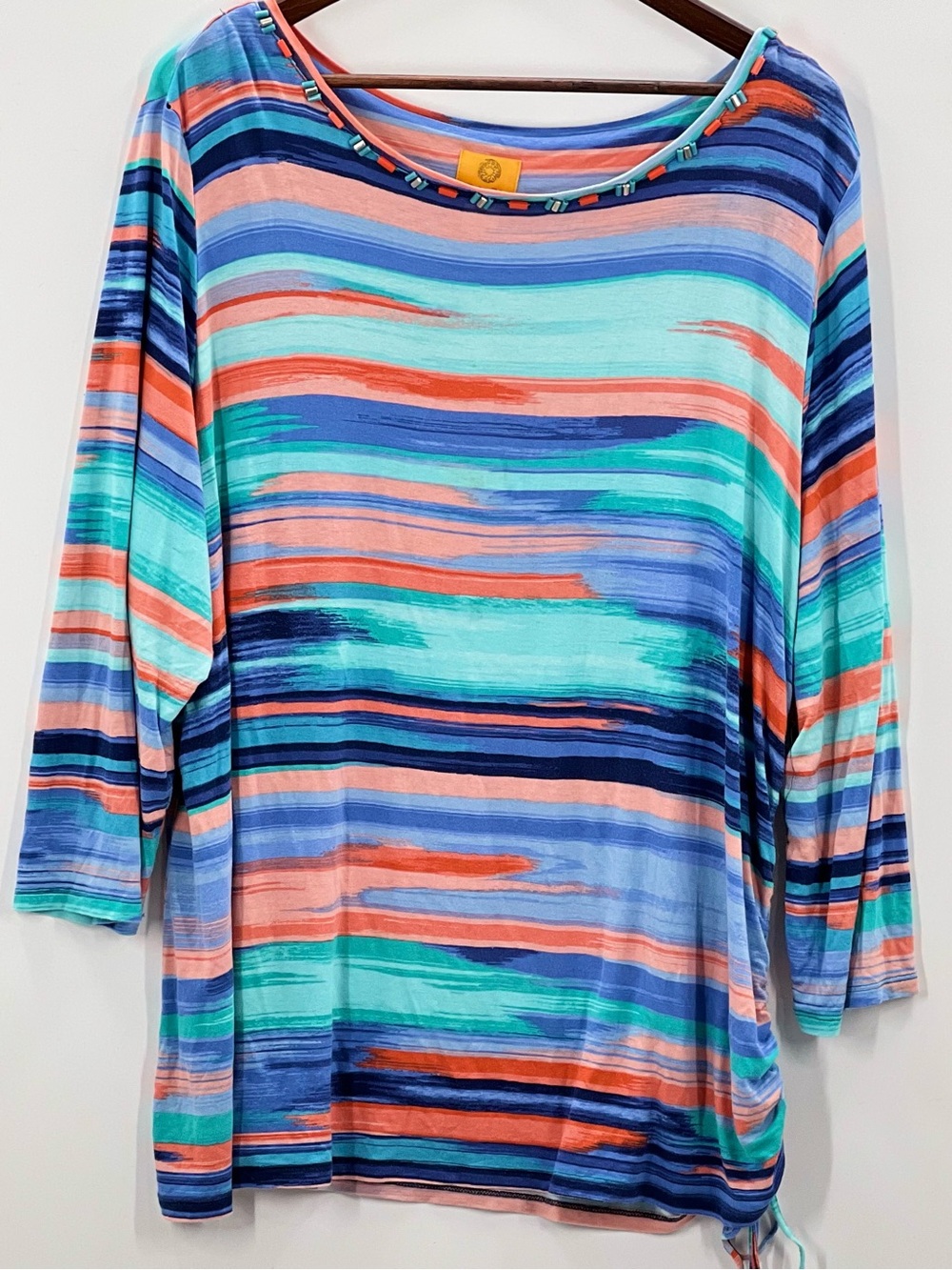 237 Ruby Rd. Striped Boatneck Long Sleeve Top - Turquoise/Coral/Navy